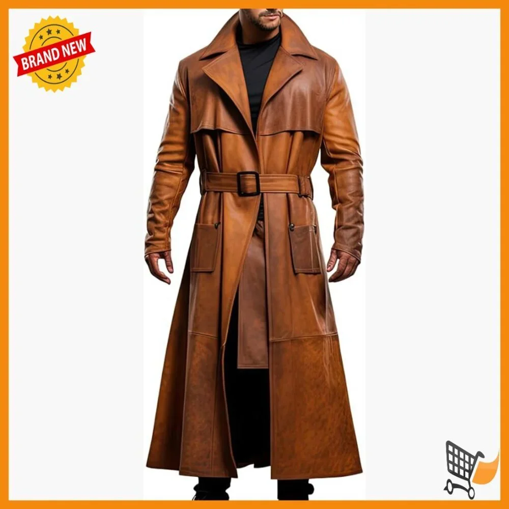 Men's Genuine Leather Trench Coat with Belt Western Duster
